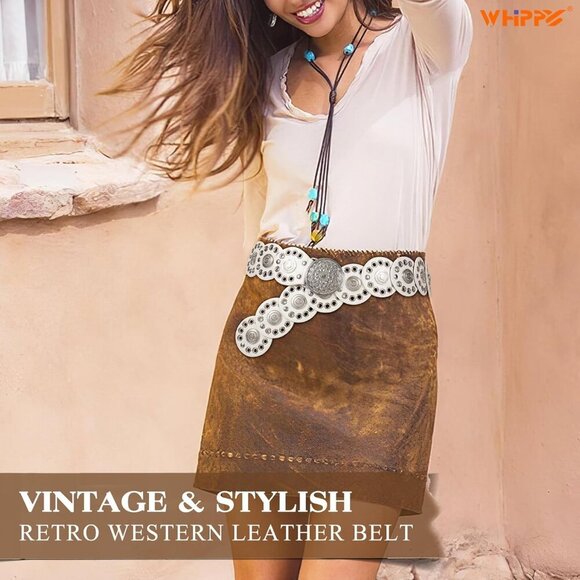 Women Vintage Disc Waist Concho Leather Belt Boho Waist Belt White Silver Buckle